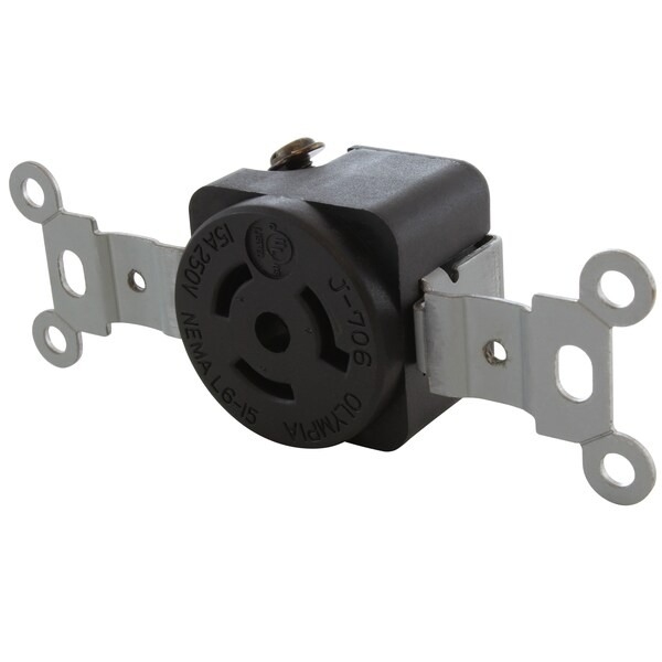 Locking Receptacle, L6-15R, 15 A, 250V AC, 2 Pole, Flush Mount, Black